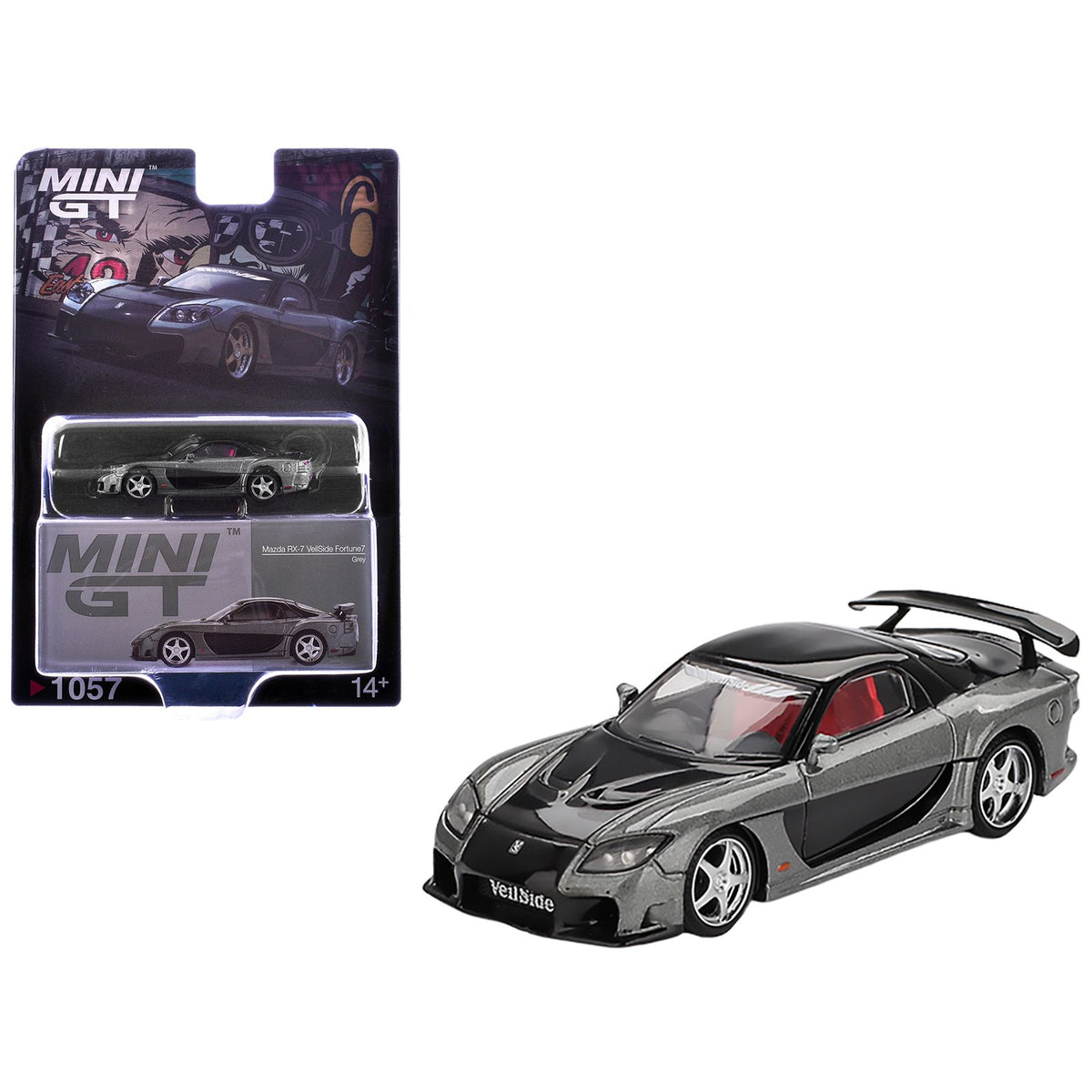 Mazda RX-7 "VeilSide Fortune7" Gray Metallic and Black with Red Interior Limited Edition 1/64 Diecast Model Car by Mini GT
