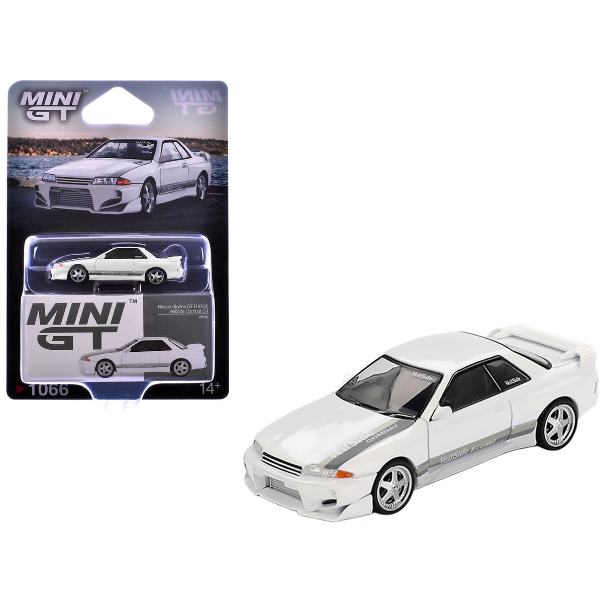 Nissan Skyline GT-R (R32) RHD (Right Hand Drive) "Veilside Combat C-I" White with Gray Stripes Limited Edition 1/64 Diecast Model Car by Mini GT