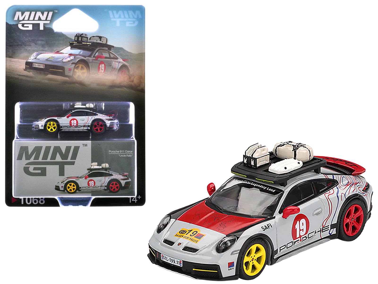 Porsche 911 Dakar #19 "Uncle Rally" Gray with Graphics and Roof Rack Limited Edition 1/64 Diecast Model Car by Mini GT