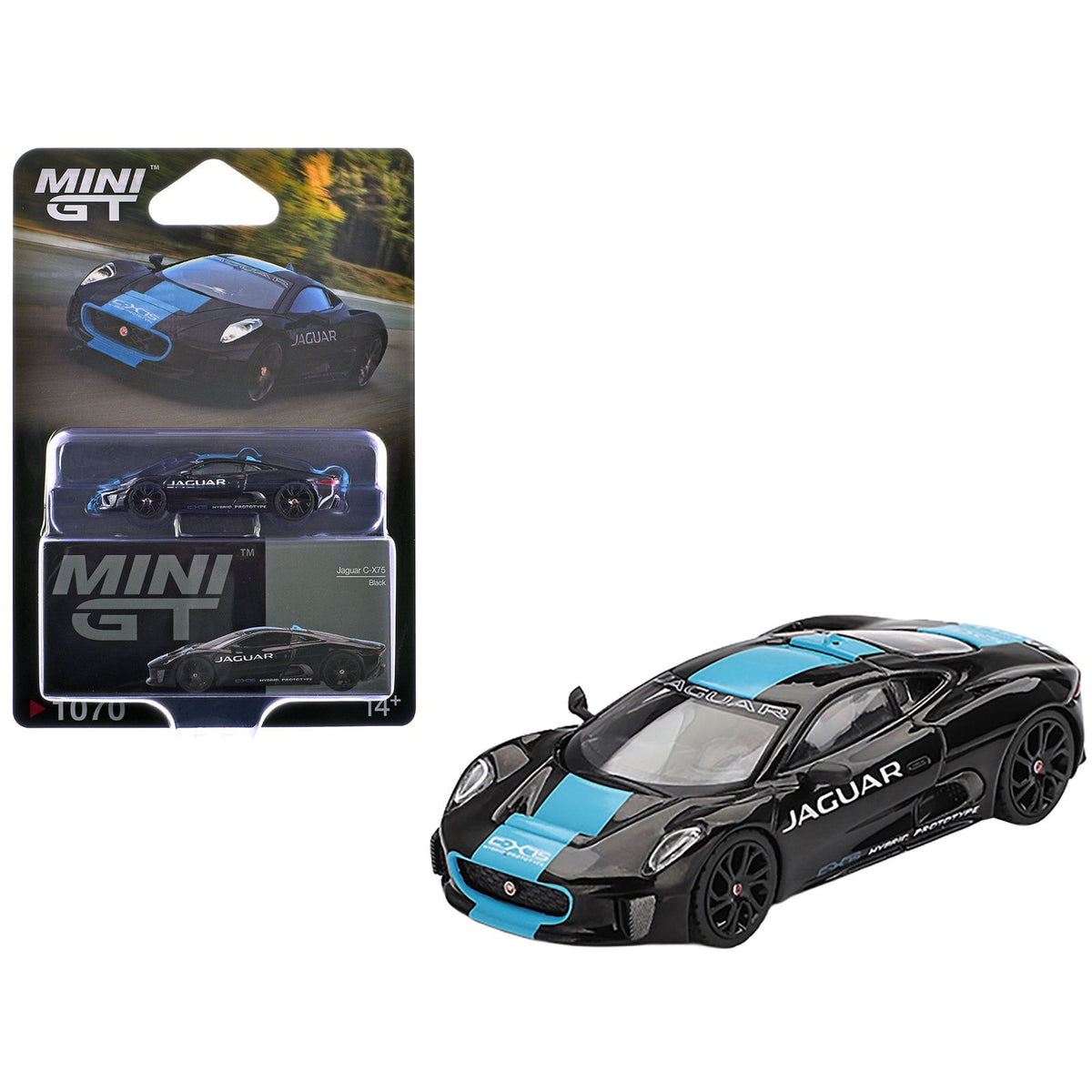 Jaguar C-X75 Black with Light Blue Stripe Limited Edition 1/64 Diecast Model Car by Mini GT