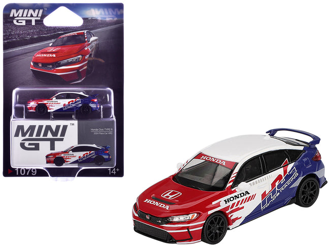 Honda Civic TYPE R "2024 Pace Car HRC" White with Red and Blue Graphics Limited Edition 1/64 Diecast Model Car by Mini GT