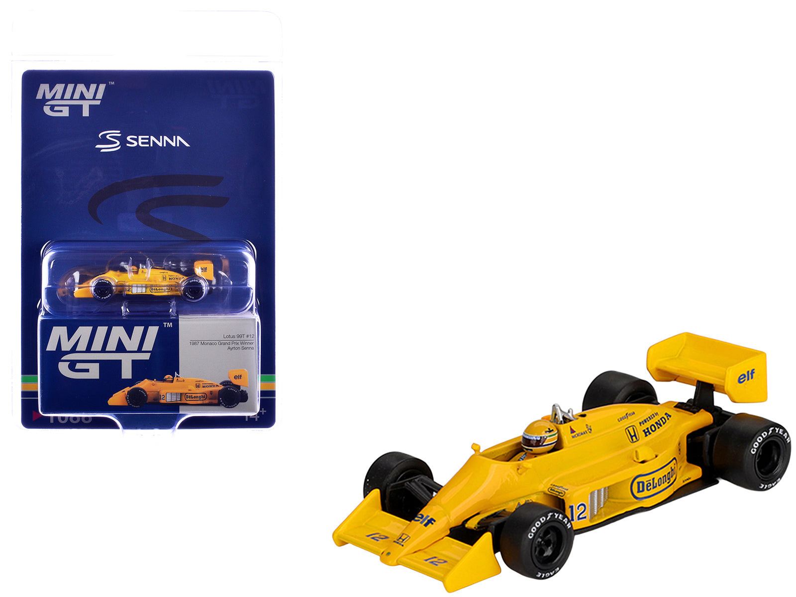 Lotus 99T #12 Ayrton Senna Winner Formula One F1 "Monaco GP" (1987) with Driver Figure Limited Edition 1/64 Die Cast Model Car by Mini GT