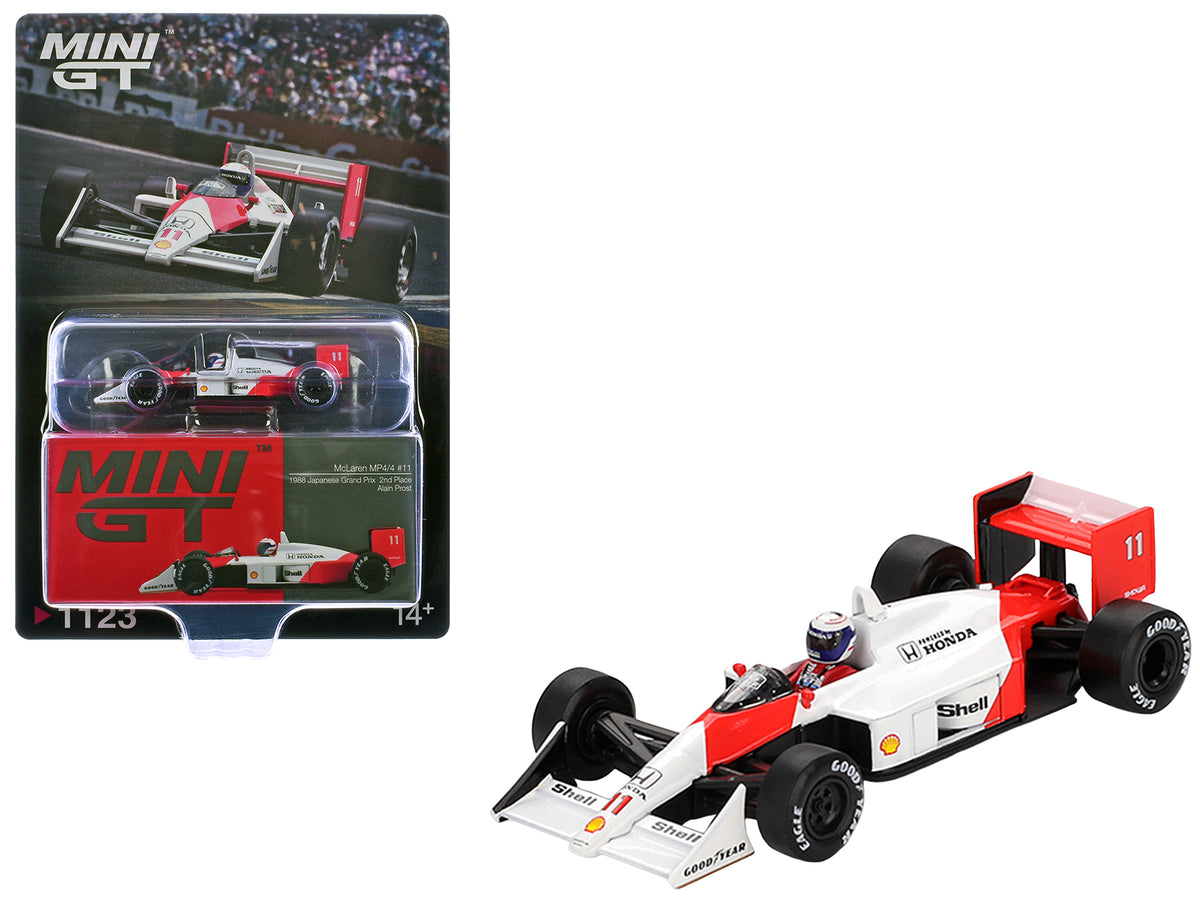 McLaren MP4/4 #11 Alain Prost 2nd Place Formula One F1 "Japanese GP" (1988) with Driver Figure Limited Edition 1/64 Diecast Model Car by Mini GT
