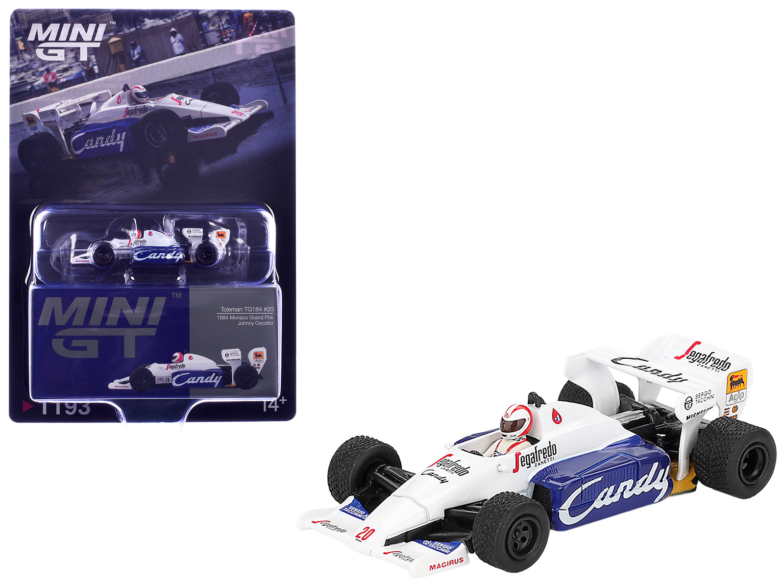 Toleman TG184 #20 Johnny Cecotto Formula One F1 "Monaco GP" (1984) with Driver Figure Limited Edition 1/64 Diecast Model Car by Mini GT