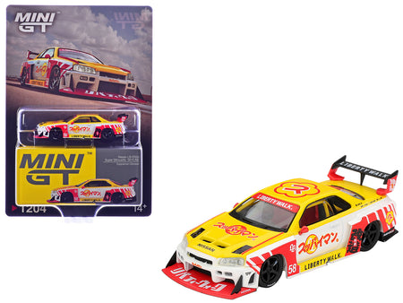 Nissan LB-ER34 Super Silhouette Skyline RHD (Right Hand Drive) #58 "Suppaiman Okinawa" Yellow and White with Graphics Limited Edition 1/64 Diecast Model Car by Mini GT