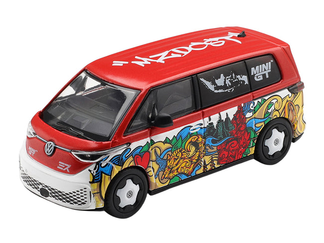 Volkswagen ID. Buzz Van "Mizu Design" Red and White with Graphics Limited Edition 1/64 Diecast Model Car by Mini GT