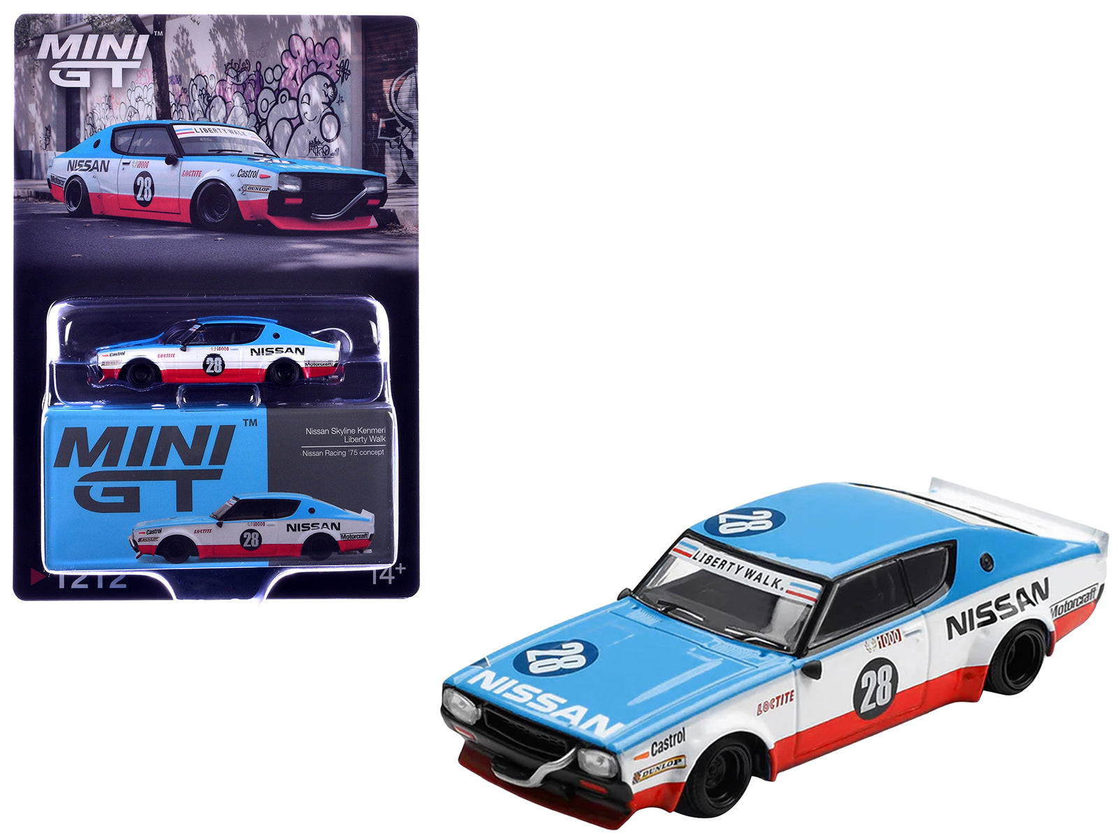 Nissan Skyline Kenmeri RHD (Right Hand Drive) #28 "Liberty Walk - Nissan Racing 1975 Concept" Blue and White with Red Stripes Limited Edition 1/64 Diecast Model Car by Mini GT