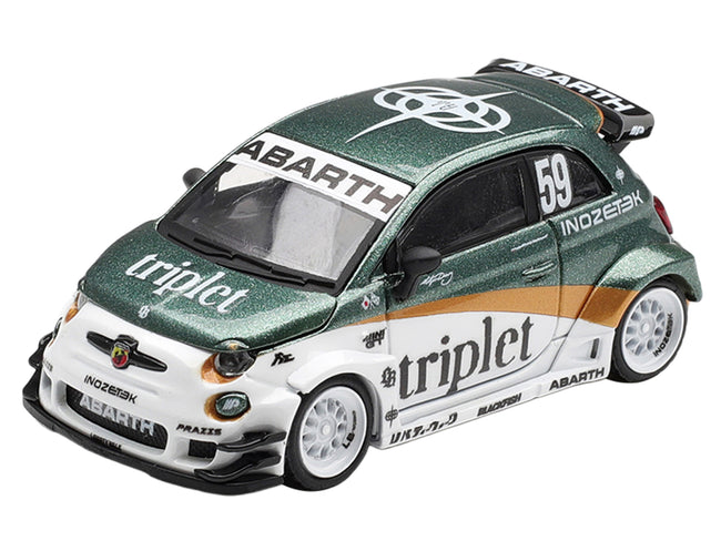 Abarth 595 LB-Works "TY Edition" #59 Green Metallic and White with Gold Stripes and Graphics Limited Edition 1/64 Die Cast Model Car by Mini GT
