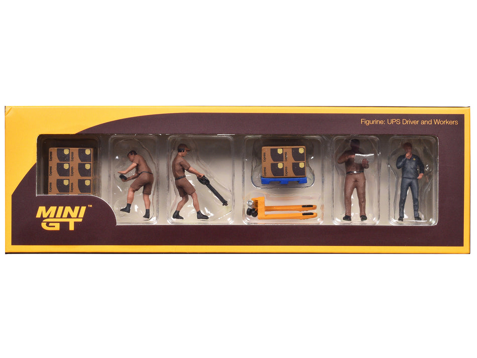 "UPS Driver and Workers" 7 Piece Figure Set for 1/64 Scale Models by Mini GT