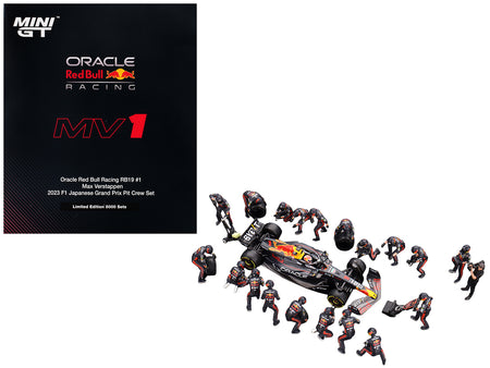 Red Bull RB19 #1 Max Verstappen Winner Formula One F1 "Japanese GP" (2023) with Red Bull Pit Crew Set of 21 pieces Limited Edition to 5000 pieces Worldwide 1/64 Diecast Model Car by Mini GT