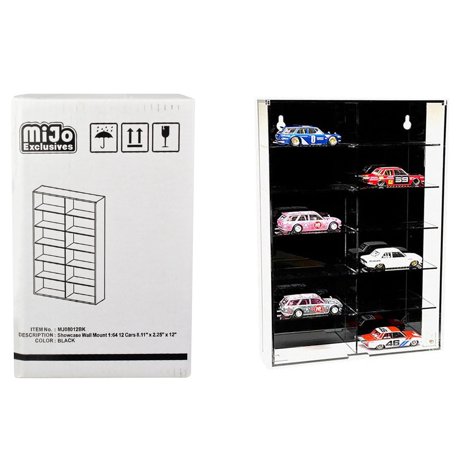 Showcase 12 Car Display Case Wall Mount with Black Back Panel "Mijo Exclusives" for 1/64 Scale Models