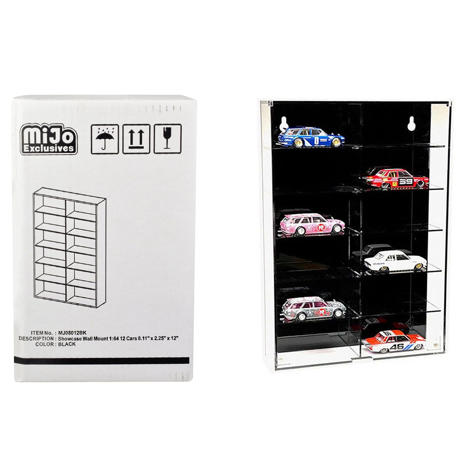 Showcase 12 Car Display Case Wall Mount with Black Back Panel "Mijo Exclusives" for 1/64 Scale Models