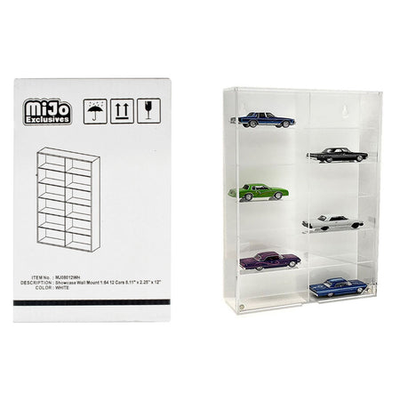 Showcase 12 Car Display Case Wall Mount with White Back Panel "Mijo Exclusives" for 1/64 Scale Models