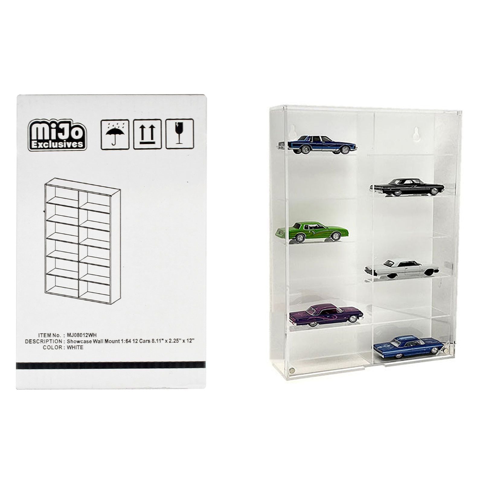 Showcase 12 Car Display Case Wall Mount with White Back Panel "Mijo Exclusives" for 1/64 Scale Models