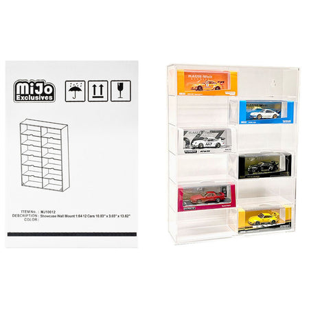 Showcase 12 Car Display Case Wall Mount with Clear Back Panel and Extra Space "Mijo Exclusives" for 1/64 Scale Models