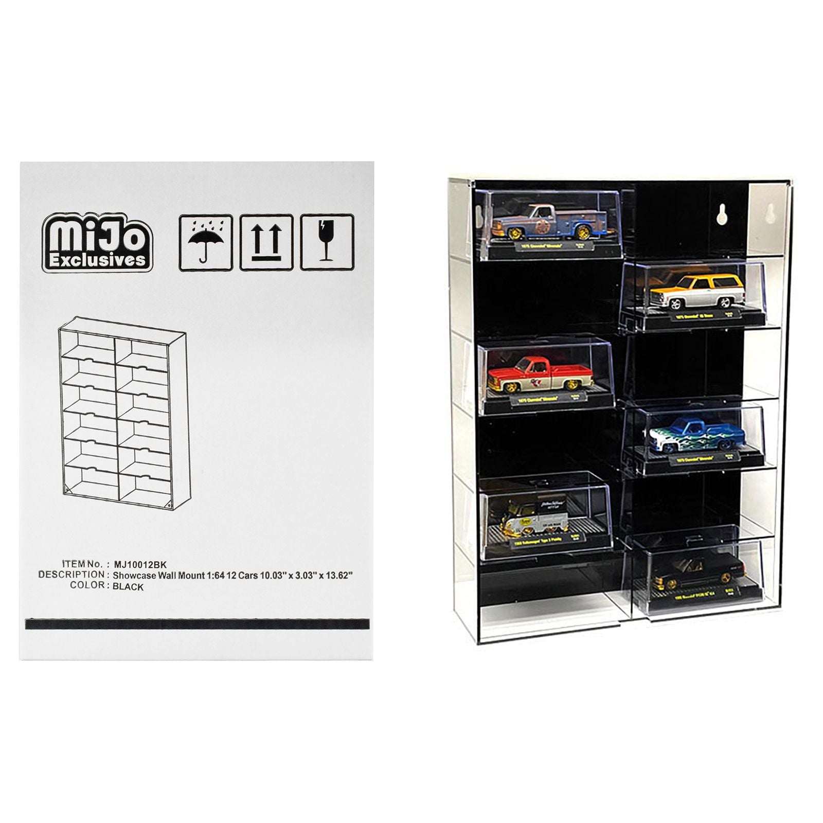 Showcase 12 Car Display Case Wall Mount with Black Back Panel and Extra Space "Mijo Exclusives" for 1/64 Scale Models