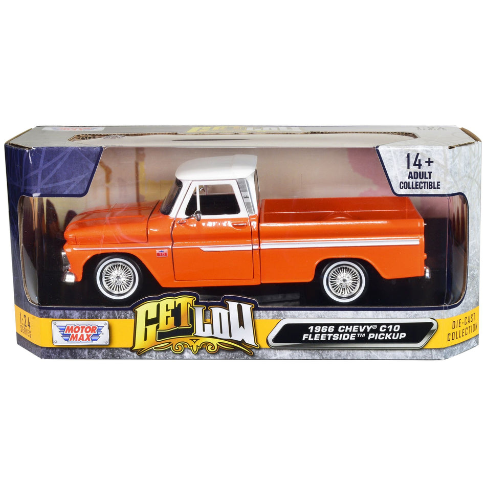 1966 Chevrolet C10 Fleetside Pickup Truck Lowrider Orange Metallic with White Top "Get Low" Series 1/24 Diecast Model Car by Motormax