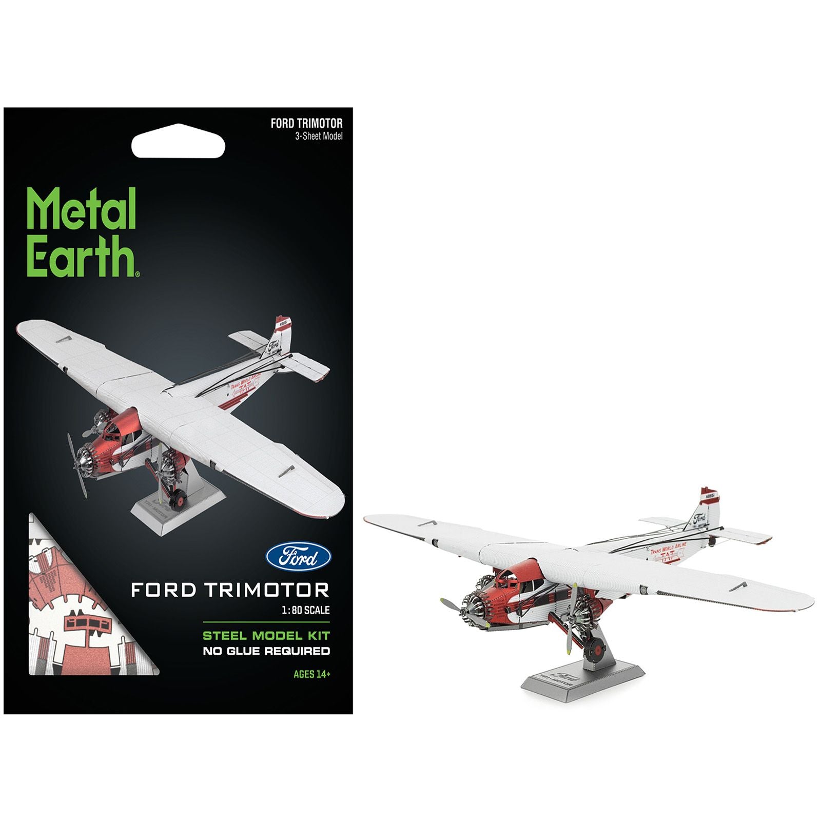Model Kit Ford Trimotor Transport Aircraft White and Red (Moderate Difficulty) Steel Model by Metal Earth
