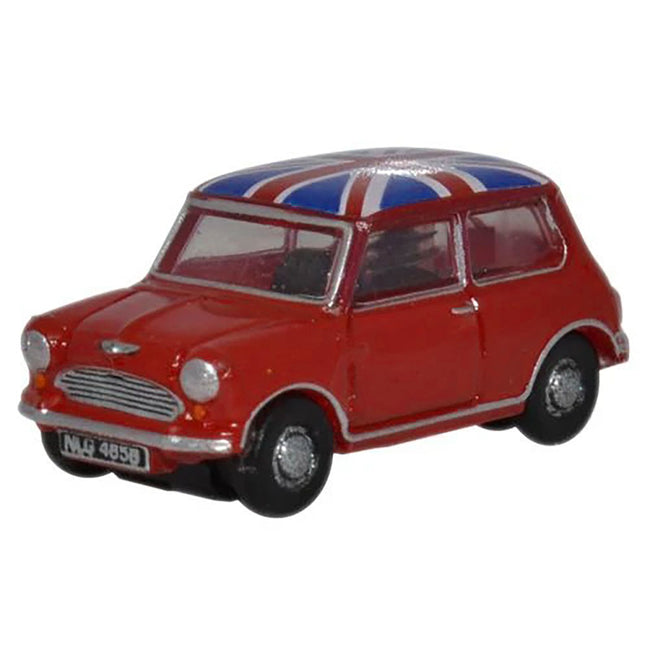 Austin Mini RHD (Right Hand Drive) Tartan Red with Union Jack Top 1/148 (N) Scale Diecast Model Car by Oxford Diecast