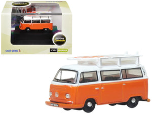 Volkswagen T2 Bay Window Bus Signal Orange with White Top and Surfboards on Roof Rack 1/148 (N) Scale Diecast Model Car by Oxford Diecast