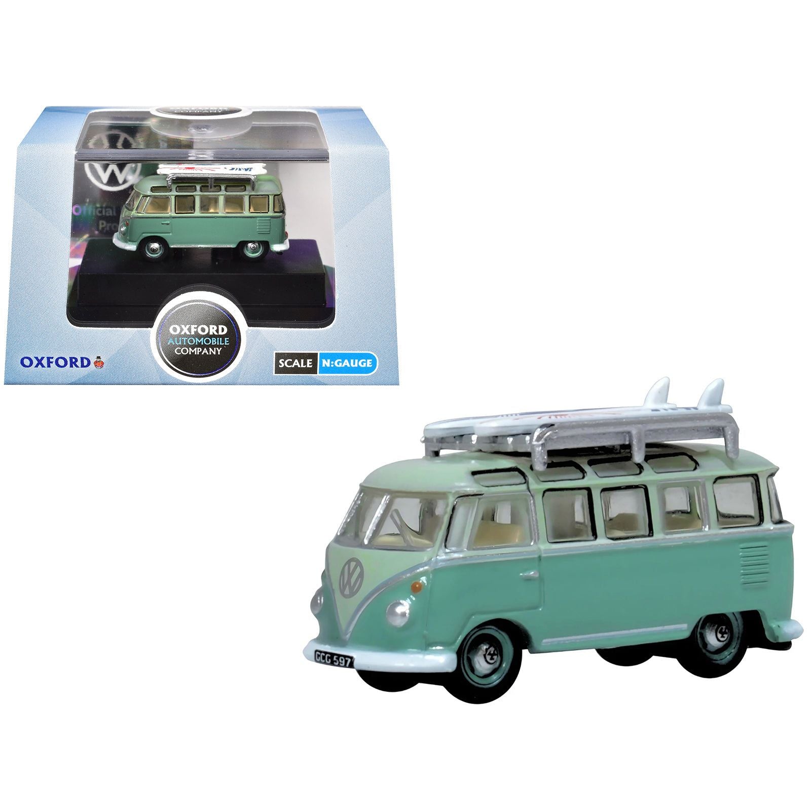 Volkswagen T1 Samba Bus RHD (Right Hand Drive) Green Two-Tone with Surfboards on Roof Rack 1/148 (N) Scale Diecast Model Car by Oxford Diecast