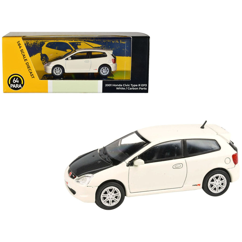 2001 Honda Civic Type R EP3 White with Carbon Hood 1/64 Diecast Model Car by Paragon Models