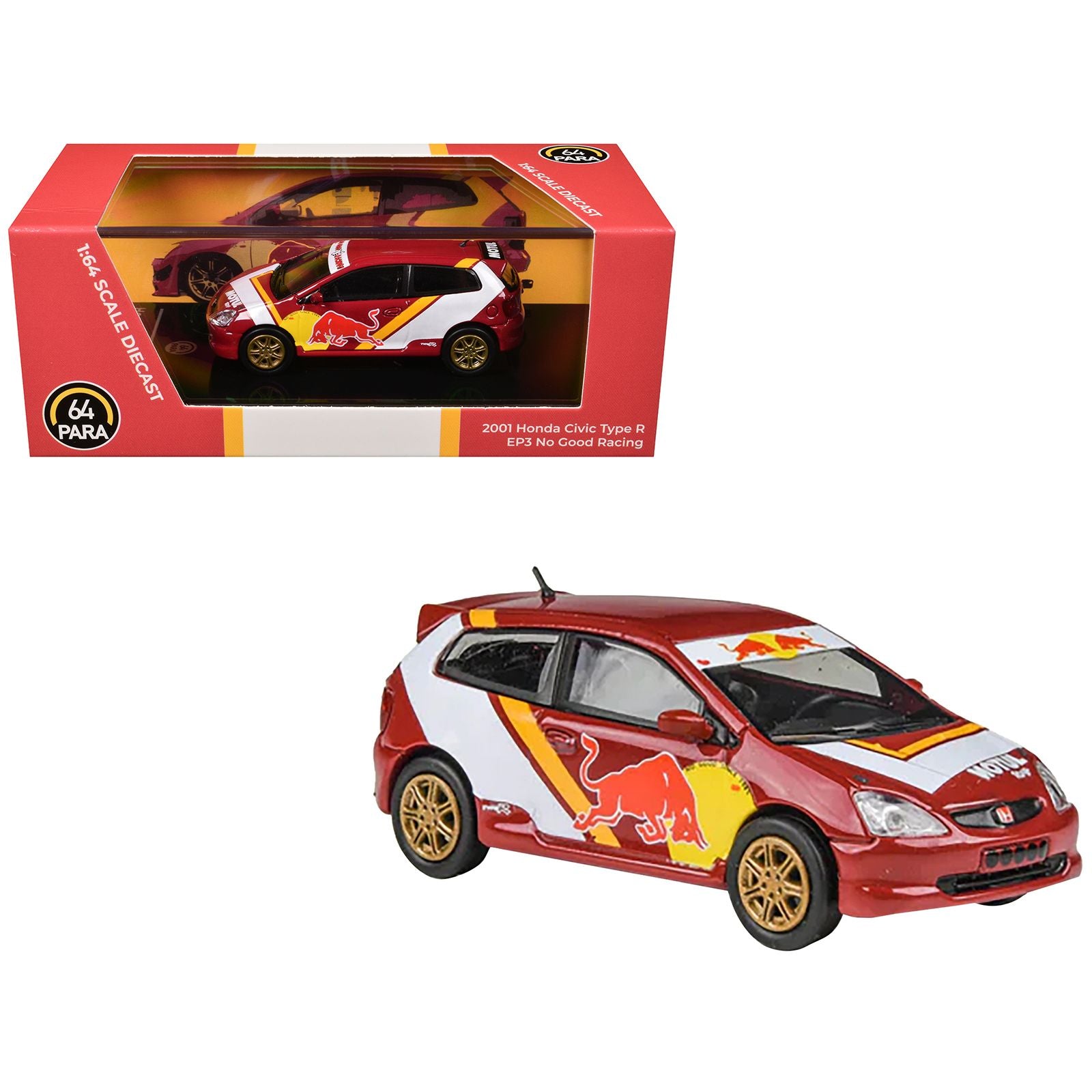 2001 Honda Civic Type R EP3 "No Good Racing" Red and White with Graphics 1/64 Diecast Model Car by Paragon Models