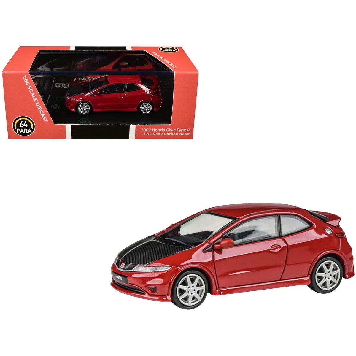 2007 Honda Civic Type R FN2 Milano Red with Carbon Hood 1/64 Diecast Model Car by Paragon Models