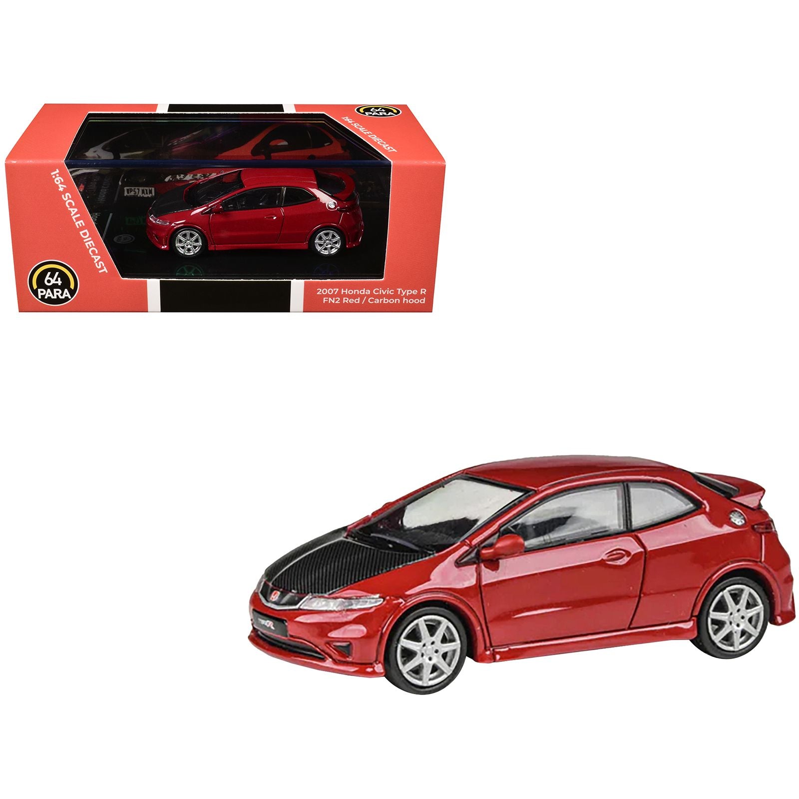2007 Honda Civic Type R FN2 Milano Red with Carbon Hood 1/64 Diecast Model Car by Paragon Models