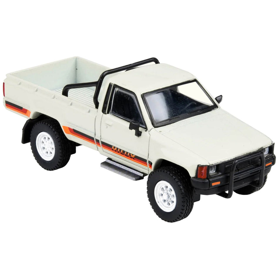 1984 Toyota Hilux Single Cab Pickup Truck White with Stripes 1/64 Diecast Model Car by Paragon Models