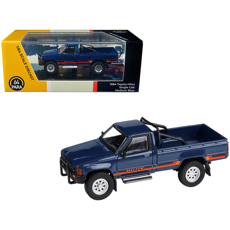 1984 Toyota Hilux Single Cab Pickup Truck Medium Blue with Stripes 1/64 Diecast Model Car by Paragon Models