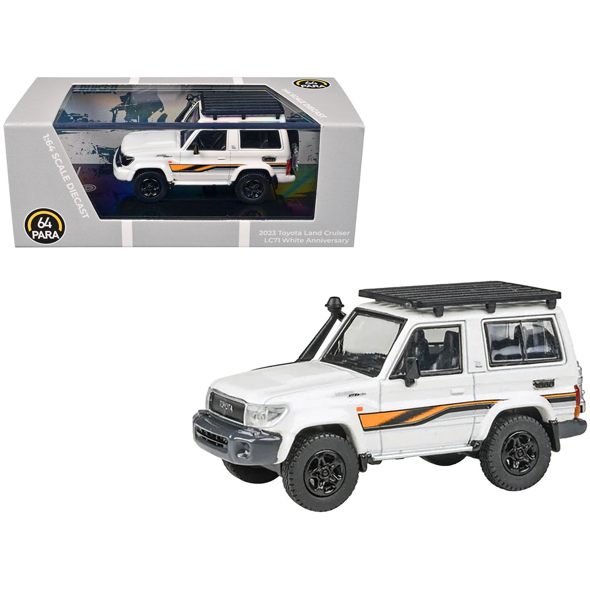 2023 Toyota Land Cruiser 71 White "70th Anniversary" with Stripes and Roofrack 1/64 Diecast Model Car by Paragon Models