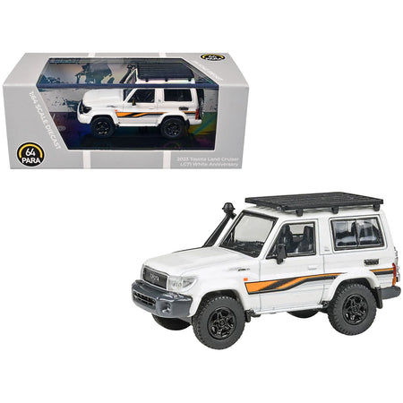 2023 Toyota Land Cruiser 71 White "70th Anniversary" with Stripes and Roofrack 1/64 Diecast Model Car by Paragon Models