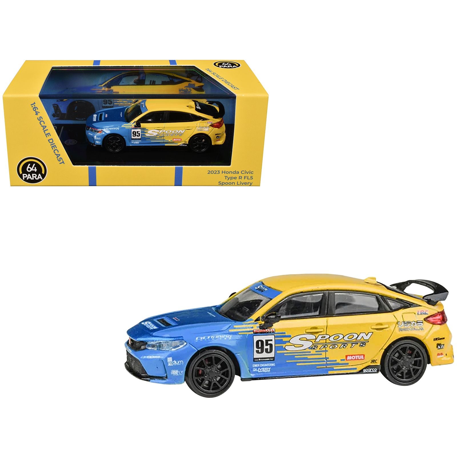 2023 Honda Civic Type R FL5 #95 "Spoon Sports Livery" Blue and Yellow 1/64 Diecast Model Car by Paragon Models