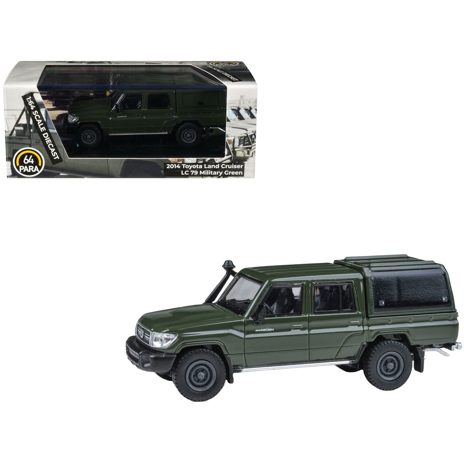 2014 Toyota Land Cruiser LC 79 with Camper Shell Military Green 1/64 Diecast Model Car by Paragon