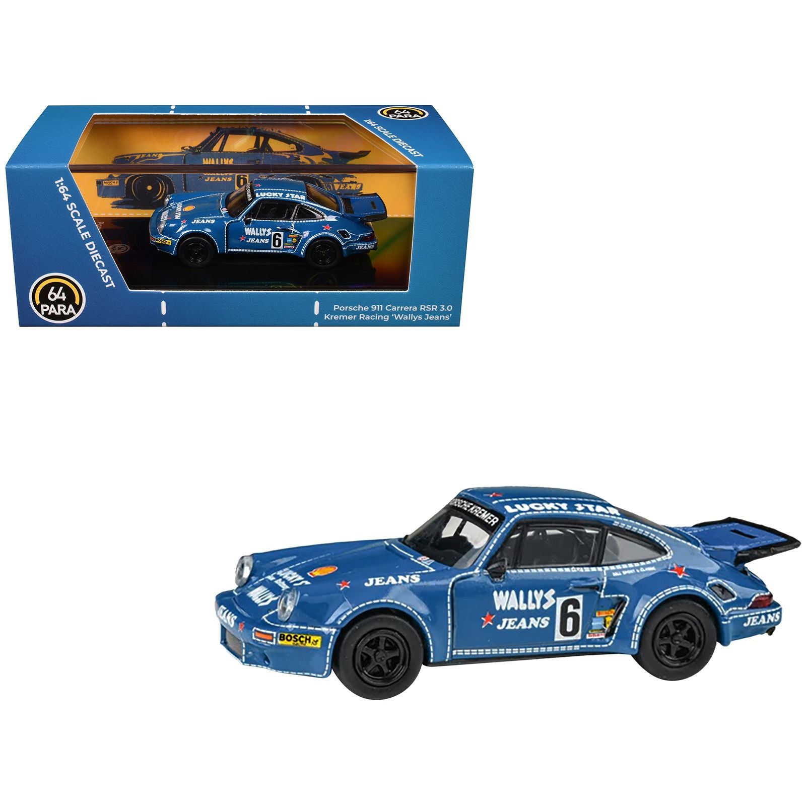 1975 Porsche 911 Carrera RSR 3.0 #6 "Kremer Racing - Wallys Jeans" Blue 1/64 Diecast Model Car by Paragon Models