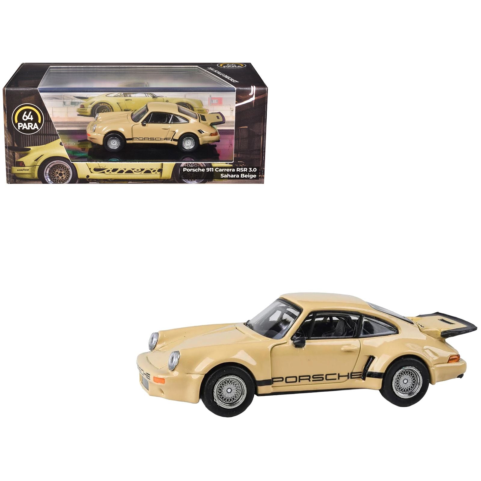 Porsche 911 Carrera RSR 3.0 Sahara Beige with Black Stripes 1/64 Diecast Model Car by Paragon