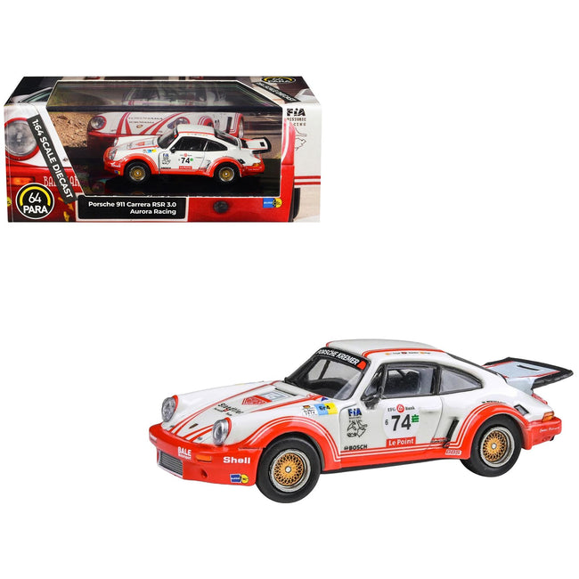 Porsche 911 Carrera RSR 3.0 #74 "Aurora Racing" White with Red Stripes 1/64 Diecast Model Car by Paragon