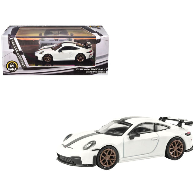 2025 Porsche 911 GT3 (992.2) Grand Prix White with Carbon Stripe 1/64 Diecast Model Car by Paragon