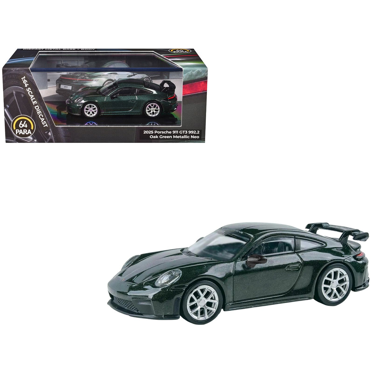 2025 Porsche 911 GT3 (992.2) Oak Green Metallic Neo with Carbon Stripe 1/64 Diecast Model Car by Paragon