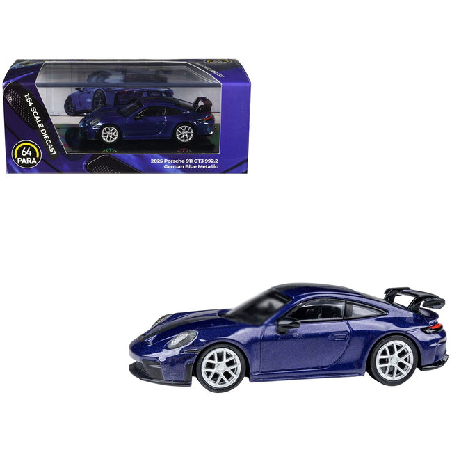 2025 Porsche 911 GT3 (992.2) Gentian Blue Metallic with Carbon Stripe 1/64 Diecast Model Car by Paragon