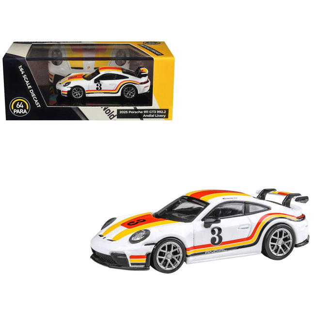 2025 Porsche 911 GT3 (992.2) #3 "Andial Livery" White with Stripes 1/64 Diecast Model Car by Paragon