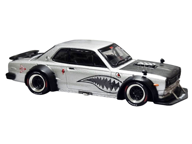 Skyline GT-R V8 Drift "Hakosuka" RHD (Right Hand Drive) Silver Metallic with Carbon Hood and Shark Mouth Graphics "Enigma Exclusive Edition" 1/64 Diecast Model Car by Pop Race