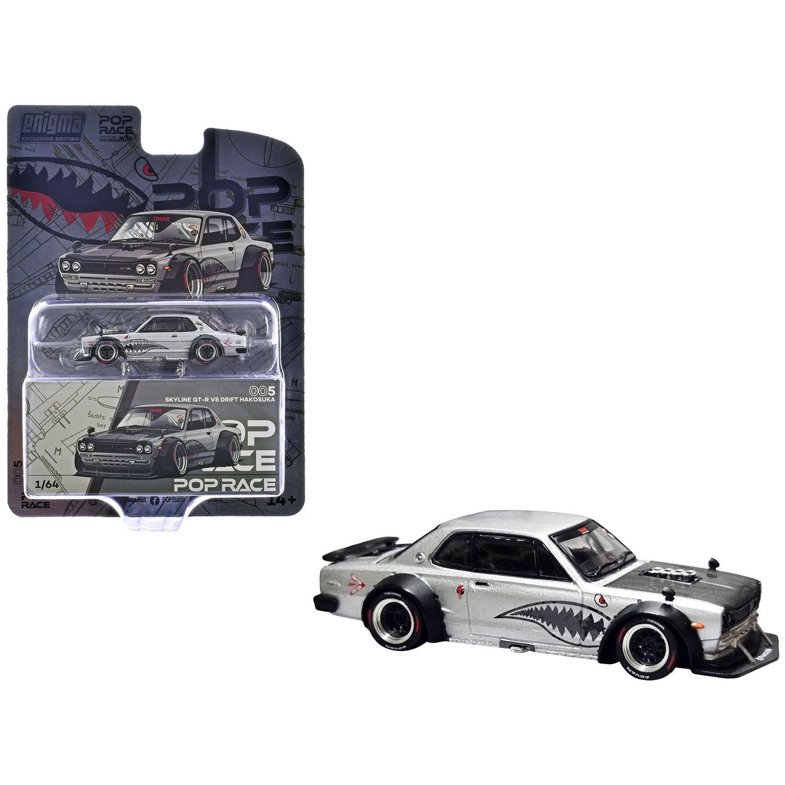 Skyline GT-R V8 Drift "Hakosuka" RHD (Right Hand Drive) Silver Metallic with Carbon Hood and Shark Mouth Graphics "Enigma Exclusive Edition" 1/64 Diecast Model Car by Pop Race