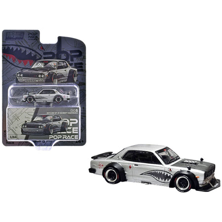 Skyline GT-R V8 Drift "Hakosuka" RHD (Right Hand Drive) Silver Metallic with Carbon Hood and Shark Mouth Graphics "Enigma Exclusive Edition" 1/64 Diecast Model Car by Pop Race