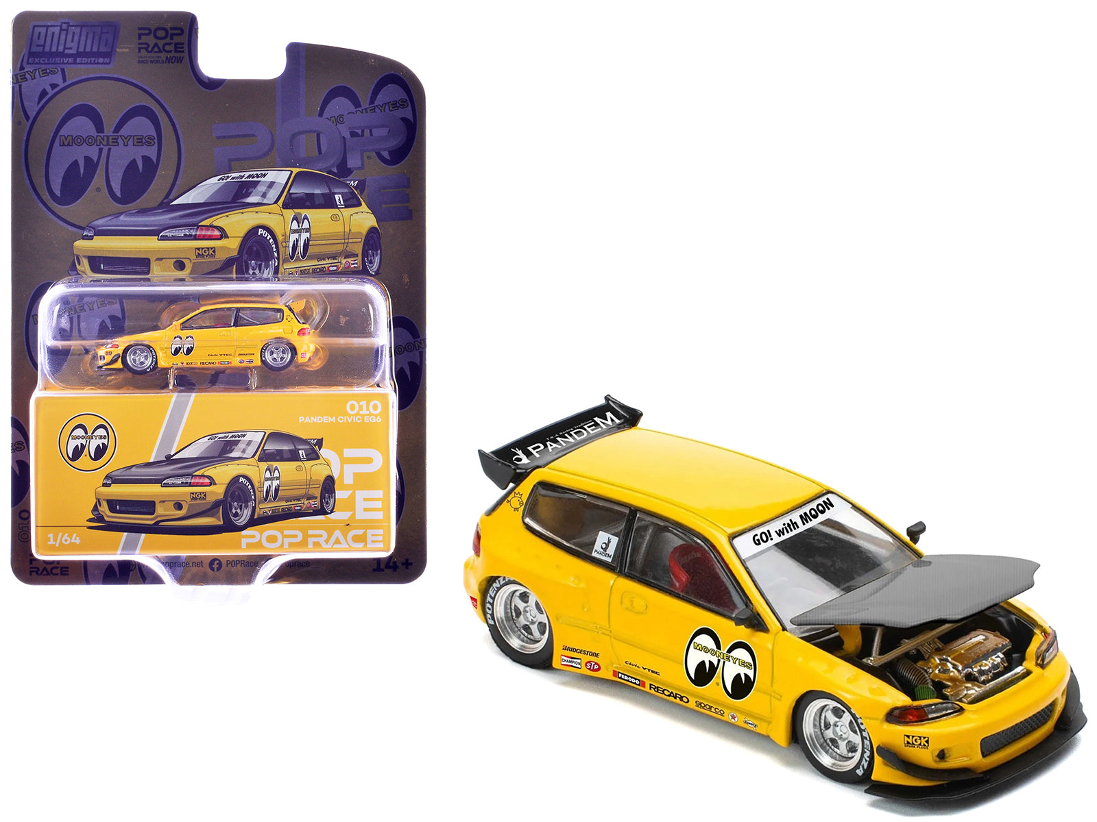 Pandem Civic EG6 RHD (Right Hand Drive) "Mooneyes" Yellow with Carbon Hood "Enigma Exclusive Edition" 1/64 Diecast Model Car by Pop Race