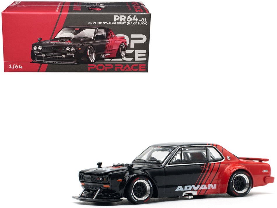 Skyline GT-R V8 Drift "Hakosuka" RHD (Right Hand Drive) "Advan" Black and Red 1/64 Diecast Model Car by Pop Race