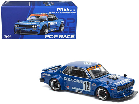 Skyline GT-R V8 Drift "Hakosuka" RHD (Right Hand Drive) #12 "Calsonic" Blue with Graphics 1/64 Diecast Model Car by Pop Race