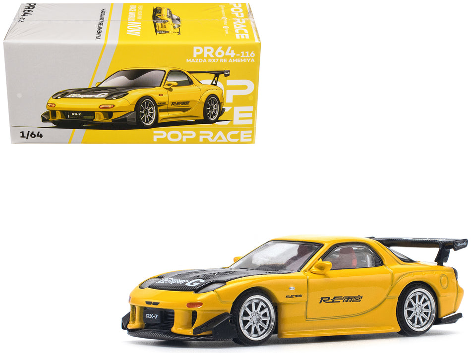 Mazda RX7 (FD) "RE Amemiya" Widebody RHD (Right Hand Drive) Yellow with Carbon Hood 1/64 Diecast Model Car by Pop Race