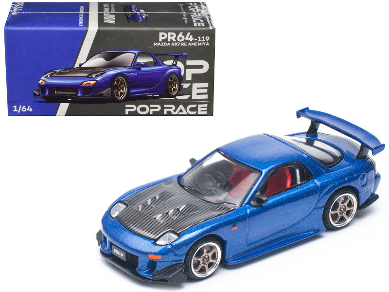 Mazda RX7 (FD) "RE Amemiya" RHD (Right Hand Drive) Blue Metallic with Carbon Top 1/64 Diecast Model Car by Pop Race